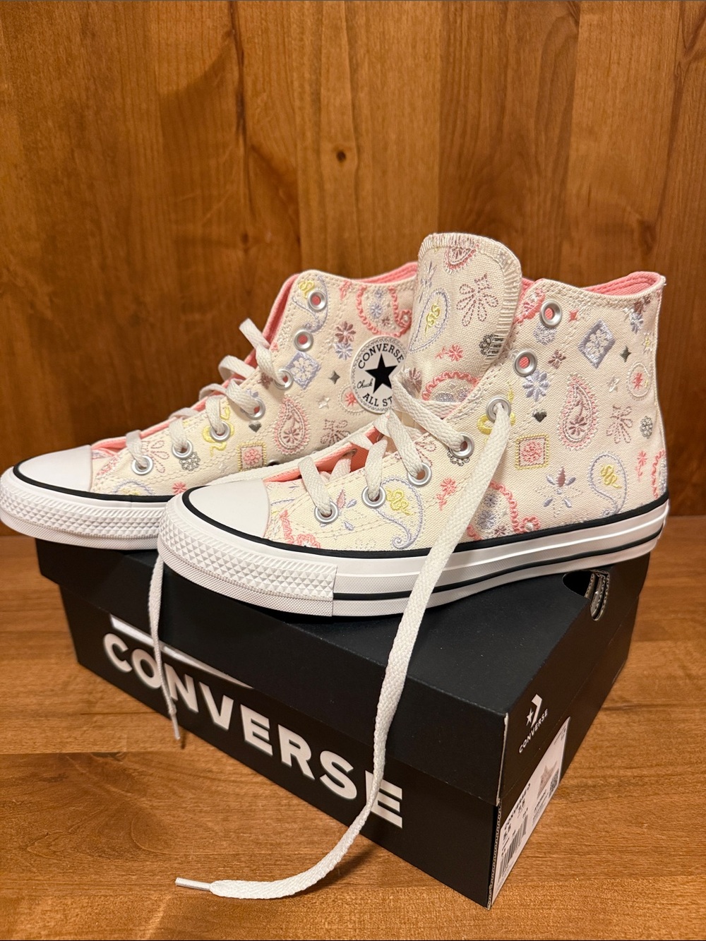 Converse High-Top Sneakers in Cream with Paisley stitching
